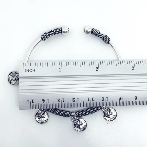 Handcrafted Coin Charm Bracelet | Adjustable Tibetan Silver Boho Bangle - Picture 6 of 15